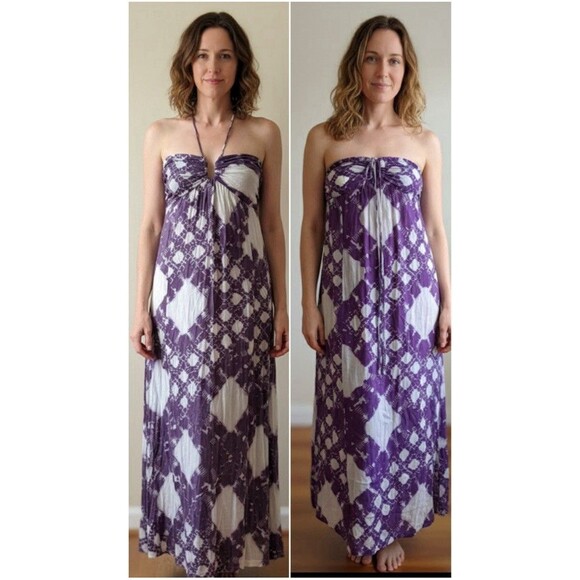 BCBG Maxazria Purple White Batik Halter/Strapless Maxi Summer Dress Small - Picture 1 of 4